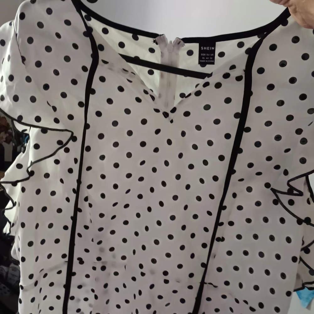 SHEIN Black and White Polka Dot Ruffle Blouse
